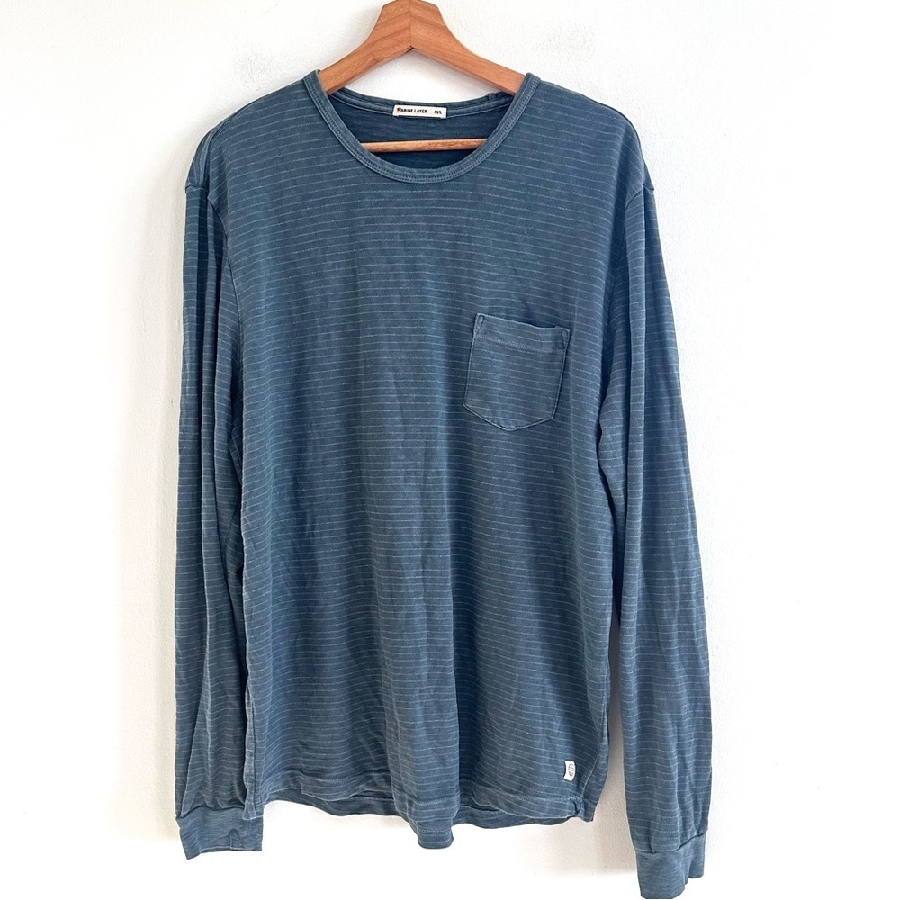 Marine Layer Men's Blue Striped Long Sleeve patch pocket Shirt